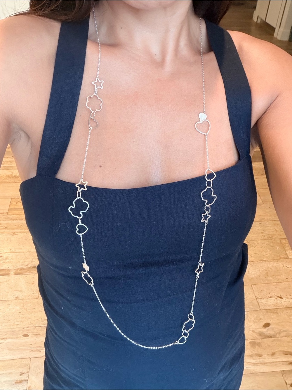 Tous Silver Silueta Collection Long Silver Necklace with Hearts, Flowers & Stars